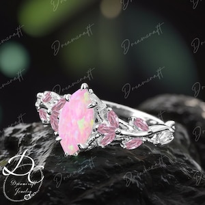 Vintage Marquise Cut Pink Opal  Engagement Ring Unique Cluster Promise Ring White Gold Art Deco Leaf Gemstone Branch Nature Inspired  Gift