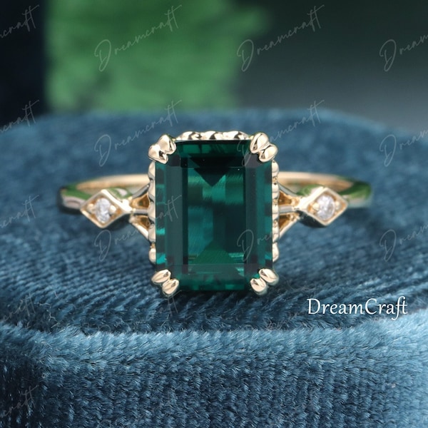 Emerald engagement ring vintage green emerald engagement ring emerald cut unique Cluster rose gold vintage  moissanite wedding ring