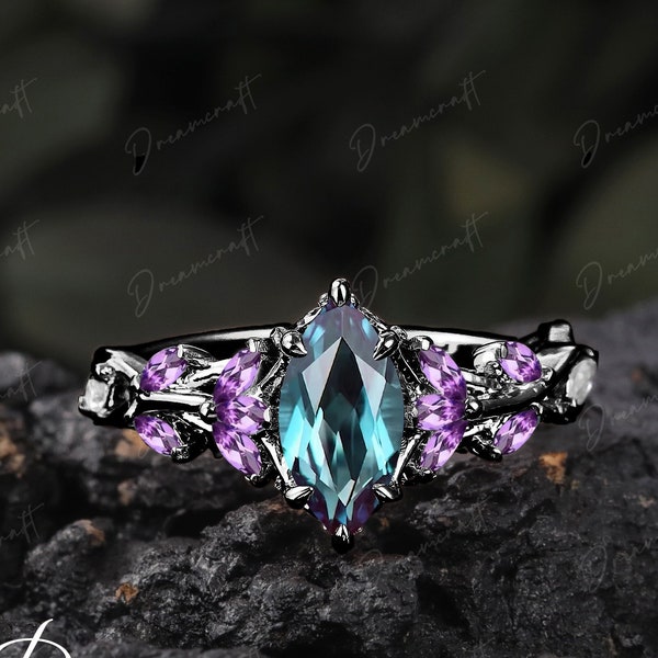 Gothic Black Gold Marquise Cut Alexandrite Engagement Ring Nature Inspired Cluster Promise Ring  Art Deco Leaf Gemstone Branch Bridal Ring