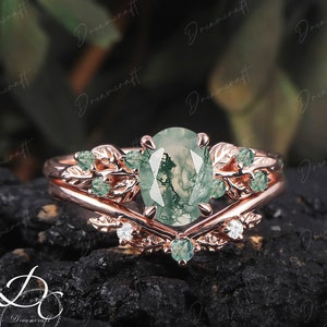 Art Deco Leaf Rose Gold Moss Agate Engagement Ring Sets Nature Inspired Cluster Promise Ring Green Gemstone Branch Bridal Set Jewelry 2pcs bridal sets