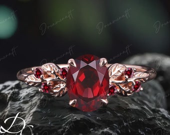 Art Deco Leaf Rose Gold Oval Natural Garnet Engagement Ring  Nature Inspired Cluster Promise Ring Red Gemstone Branch Bridal Set Jewelry