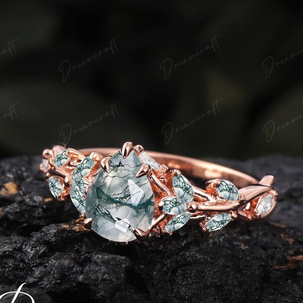 Vintage Moss Agate Engagement Ring Unique Promise Ring For Her Rose Gold Art Deco Leaf Pear Gemstone Branch Nature Inspired Cluster Ring