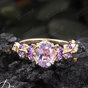 Vintage Oval Lavender Amethyst Engagement Ring Unique Cluster Promise Ring For Her Gold Art Deco Leaf Gemstone Branch Nature Inspired Ring image 7