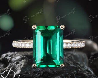 Emerald cut Emerald engagement ring Unique moissanite Cluster rose gold engagement ring for women Vintage Bridal anniversary gift for her