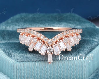 Baguette Cut Diamond Wedding Band Vintage  Rose Gold Wedding Band  Women Unique Curved Wedding Ring Matching Band Promise Ring
