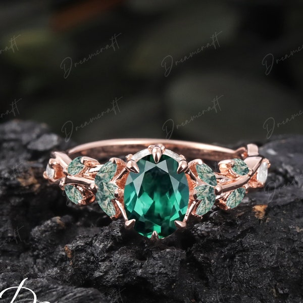 Vintage Emerald Engagement Ring Unique Promise Ring For Her Rose Gold Art Deco Leaf Oval Green Gemstone Branch Nature Inspired Cluster Ring