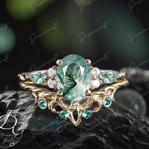 Vintage Oval Cut Moosachat Verlobungsring Gelbgold Brautring Sets Versprechen Ring Art Deco Jahrestag Geschenke Cluster Ring für Frauen