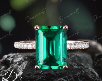 Emerald engagement ring Emerald cut Unique Solid Yellow Gold  Cluster Wedding ring for women Vintage Bridal anniversary gift for her