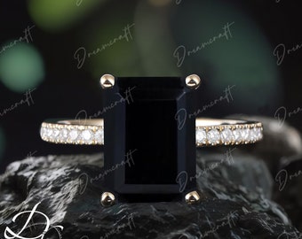 Black Onyx engagement ring Emerald cut Unique moissanite 14K Yellow gold engagement ring for women Vintage Bridal anniversary gift for her
