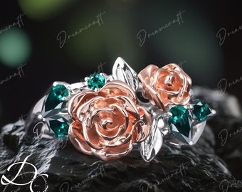 Anillo de compromiso con esmeralda en forma de pera, anillo de compromiso único con flor verde, esmeralda de laboratorio de corte marquesa, plata 925, oro rosa de 14 k, regalo de aniversario nupcial
