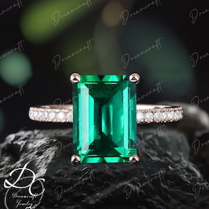 Emerald engagement ring Emerald cut Unique Solid Yellow Gold  Cluster Wedding ring for women Vintage Bridal anniversary gift for her
