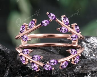 Anillo de boda Enhancer Leaf Amethyst de oro macizo, estilo vintage, curvado, a juego, con diseño de hojas apilables, ideal para novias, promesas y aniversarios.