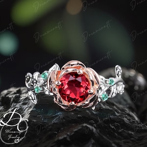 Vintage Ruby Engagement Ring Women Nature Inspired Two Tone Gold Cluster Promise Ring Rose Gold Art Deco Gemstone Flower Bridal  Wife Gift