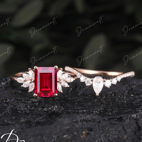 Vintage Ruby Engagement Ring Sets Rose Gold Unique Emerald Cut Moissanite Ring Cluster Engagement Ring Unique Wedding Bridal Promise Ring