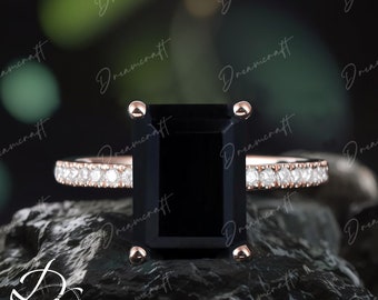 Emerald cut Black Onyx engagement ring Unique moissanite Cluster rose gold engagement ring for women Vintage Bridal anniversary gift for her