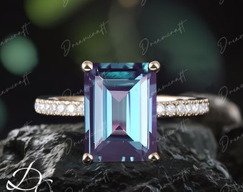 Emerald cut Alexandrite engagement ring Unique moissanite Cluster rose gold engagement ring for women Vintage Bridal anniversary gift women