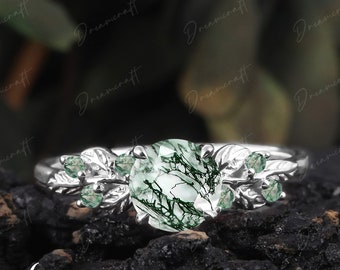 Art Deco Leaf White Gold  Moss Agate Engagement Ring  Nature Inspired Cluster Promise Ring Green Gemstone Branch Bridal Ring Jewelry