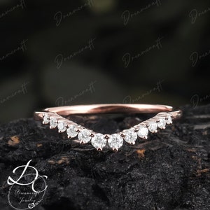 Vintage Diamond wedding band rose gold  curved wedding band Round cut moissanite matching band Stacking Band Unique Anniversary ring