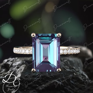 Emerald cut Alexandrite engagement ring Unique moissanite Cluster rose gold engagement ring for women Vintage Bridal anniversary gift women