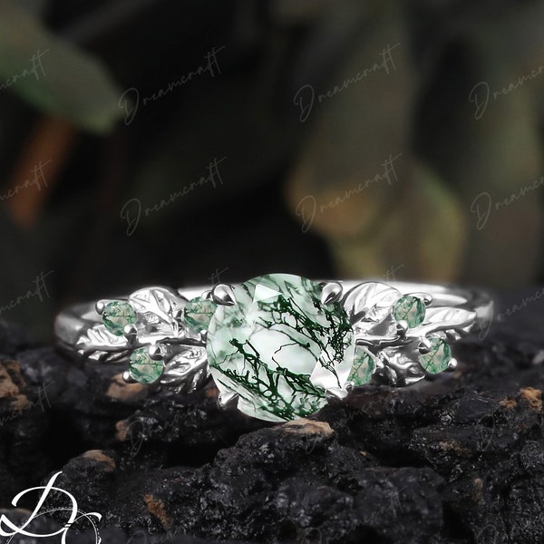 Art Deco Leaf White Gold  Moss Agate Engagement Ring  Nature Inspired Cluster Promise Ring Green Gemstone Branch Bridal Ring Jewelry