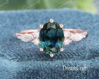 Blue green sapphire engagement ring Teal Sapphire engagement ring Oval  unique Cluster 14K gold  Marquise diamond / moissanite wedding ring