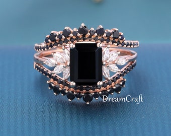 3PCS Emerald cut Black Onyx engagement ring set vintage Rose gold engagement ring art deco Marquise cut Moissanite ring gift for women