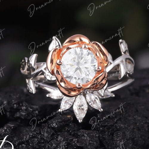 14k Gold Beauty and the Beast Wedding Band Set Enchanted Rose Etsy