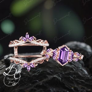 Vintage Hexagon Cut Amethyst Engagement Ring Sets Nature Inspired Cluster Promise Ring Rose Gold Art Deco Leaf purple Gemstone Branch Ring