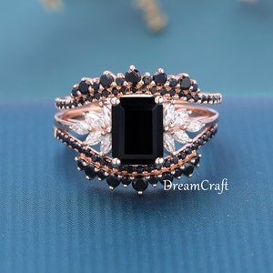 3PCS Emerald cut Black Onyx engagement ring set vintage Rose gold engagement ring art deco Marquise cut Moissanite ring gift for women