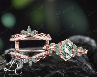 Vintage Hexagon Cut Moss Agate Engagement Ring Sets Nature Inspired Cluster Promise Ring  Gold Art Deco Leaf Green Gemstone Branch Jewelry