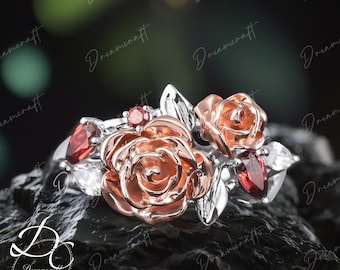 Natural Garnet  Rose Flower Engagement Ring 925 Sterling Silver 14K Gold Romantic Wedding Ring Promise Ring For Women
