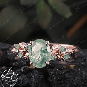 Art Deco Leaf  Rose Gold  Moss Agate Engagement Ring  Nature Inspired Cluster Promise Ring Green Gemstone Branch Bridal Ring Jewelry Gift