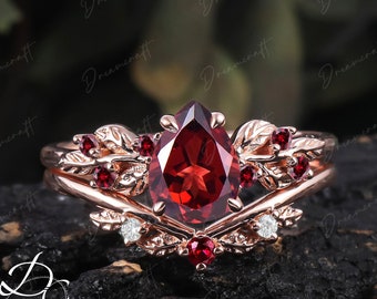 Art Deco Leaf Rose Gold Pear Natural Garnet Engagement Ring Sets Nature Inspired Cluster Promise Ring Red Gemstone Branch Bridal Set Jewelry