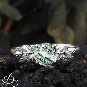 Art Deco Leaf White Gold  Moss Agate Engagement Ring Nature Inspired Cluster Promise Ring Green Gemstone Branch Bridal Ring Jewelry Gift