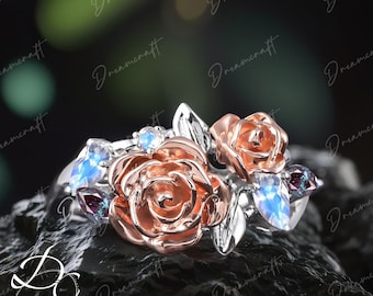 Pear Moonstone Engagement Ring Unique Flower Engagement Ring Marquise Cut Alexandrite 14k Rose Gold Bridal Ring Anniversary Gifts For Her