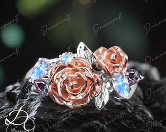 Pear Moonstone Engagement Ring Vintage Rose Gold Engagement Ring For Women Antique 0.75ctw Moonstone Ring Bridal Unique Anniversary Gift