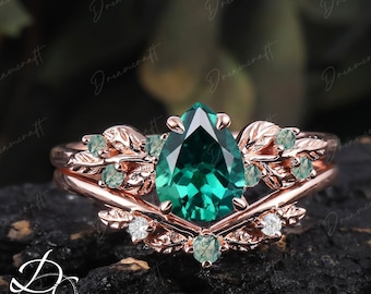 Art Deco Leaf  Rose Gold Pear Emerald Engagement Ring Sets Nature Inspired Cluster Promise Ring Green Gemstone Branch Bridal Set Jewelry