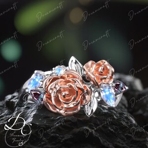 Pear Moonstone Engagement Ring Unique Flower Engagement Ring Marquise Cut Alexandrite 14k Rose Gold Bridal Ring Anniversary Gifts For Her