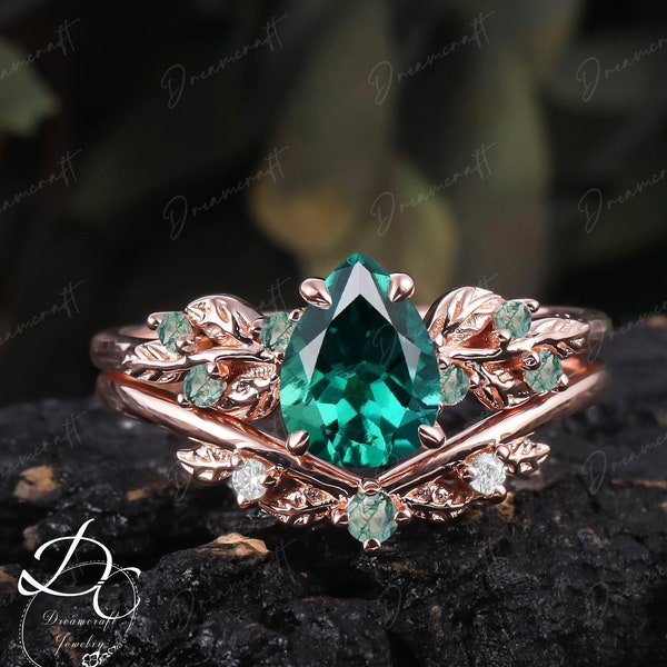 Art Deco Leaf  Rose Gold Pear Emerald Engagement Ring Sets Nature Inspired Cluster Promise Ring Green Gemstone Branch Bridal Set Jewelry