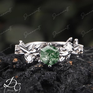 Moss agate ring vintage hexagon cut moss agate engagement ring white gold leaf Green gemstone  ring silver anniversary promise ring gifts