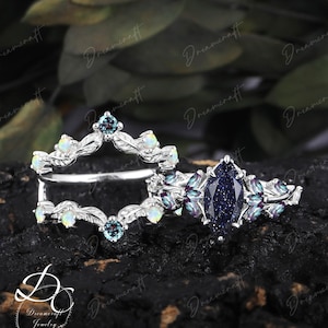 Vintage Marquise Cut Blue sandstone Engagement Ring Sets Leaf  White Gold Nature Inspired Cluster Promise Ring Art Deco Branch Ring Gifts