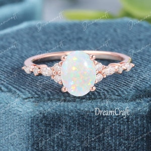 Vintage Oval Natural Opal engagement ring Unique rose gold engagement ring Marquise Diamond cluster ring Art deco Promise Anniversary ring