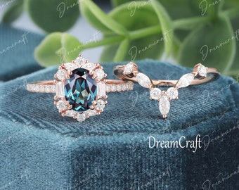 Vintage Alexandrit Verlobungsring Sets oval schliff Moissanit Ehering Roségold Unikat Diamant Jubiläum Ring Brautring für Frauen