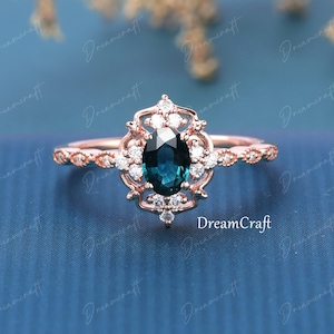 Teal Sapphire Engagement Ring Oval solid Gold Vintage Blue Green Sapphire  Diamond / Moissanite Wedding Ring Bridal Ring  Anniversary Ring
