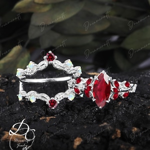Vintage Marquise Cut Ruby Engagement Ring Sets Leaf  White Gold Platinum July Birthstone Cluster Promise Ring Art Deco Branch Ring Gifts