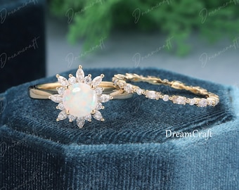 Natural Opal engagement ring sets unique 14k yellow gold wedding ring Floral bridal set marquise moissanite Full Eternity anniversary ring