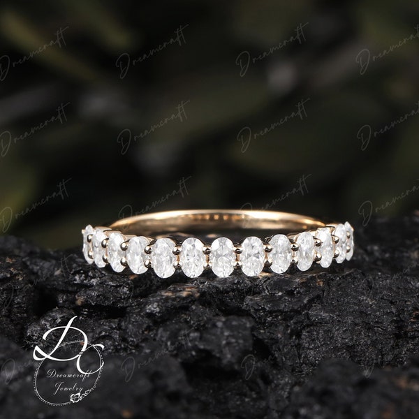 Unique Moissanite wedding band women Oval cut band yellow gold wedding band vintage Half eternity Stacking Matching bridal ring promise ring