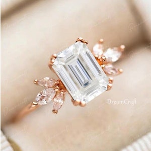Vintage Simulated Diamond Engagement Ring Emerald Cut Rose Gold Zircon Wedding Ring Unique Cluster Bridal Ring Promise Ring Anniversary