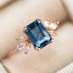 London Blue Topaz Engagement Ring 4ct Emerald Cut Vintage Rose Gold Engagement Cluster Ring Moissanite Bridal Ring Promise Ring Anniversary