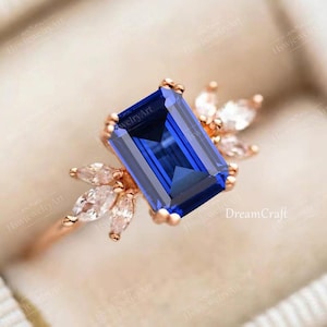 Lab Sapphire Engagement Ring 4ct Emerald Cut Vintage Rose Gold Engagement Ring Cluster Ring Moissanite Bridal Ring Promise Ring Anniversary